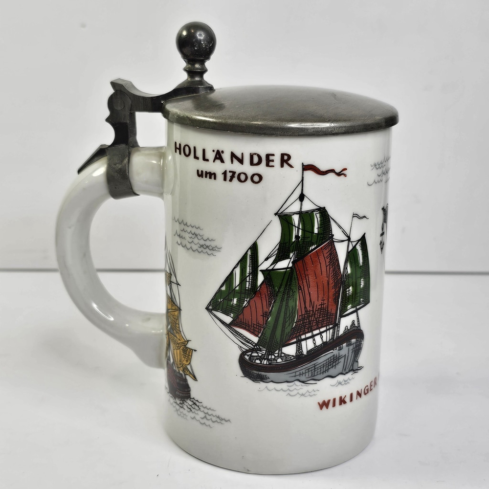 Vintage Dresden German Lidded Beer Stein Nautical Ships Hollander Kogge Wikinger